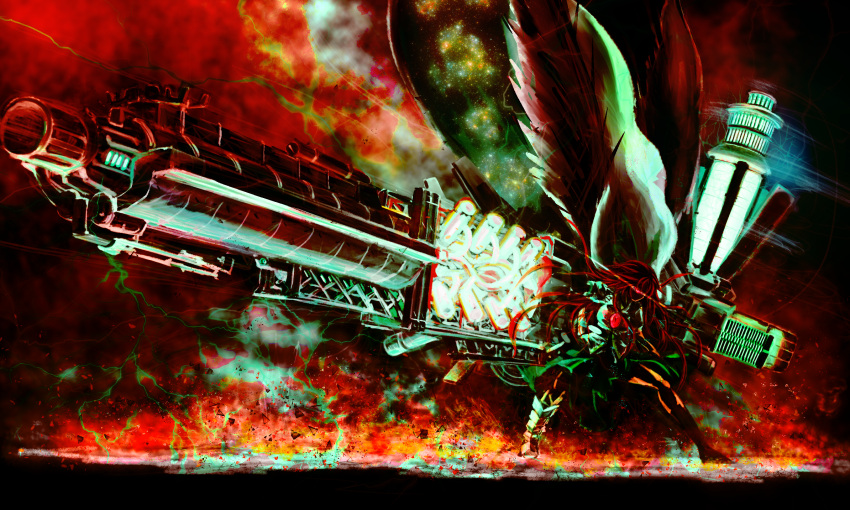1girl aiming alternate_weapon arm_cannon armored_core_5 artist_name aura black_hair black_legwear black_wings bow breasts cape character_name dated death2990 debris energy engine epic fire floating_hair galaxy giga_cannon glowing glowing_eye green_bow green_skirt ground_shatter gun hair_bow highres holding huge_weapon kneehighs large_wings light_trail lightning long_hair metal_boots mismatched_footwear motion_blur puffy_short_sleeves puffy_sleeves red_eyes reiuji_utsuho serious short_sleeves side_glance single_kneehigh skirt solo space star_(sky) thighs third_eye touhou weapon wings