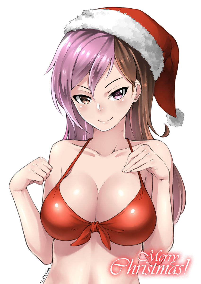 2016 absurdres artist_name bangs bare_arms bare_shoulders bikini blush breasts brown_hair cleavage closed_mouth collarbone dated front-tie_top fur_trim hair_between_eyes hat heterochromia highres large_breasts long_hair looking_at_viewer lulu-chan92 merry_christmas multicolored_hair neo_(rwby) pink_hair red_bikini red_bikini_top rwby santa_hat simple_background stomach swimsuit two-tone_hair upper_body white_background