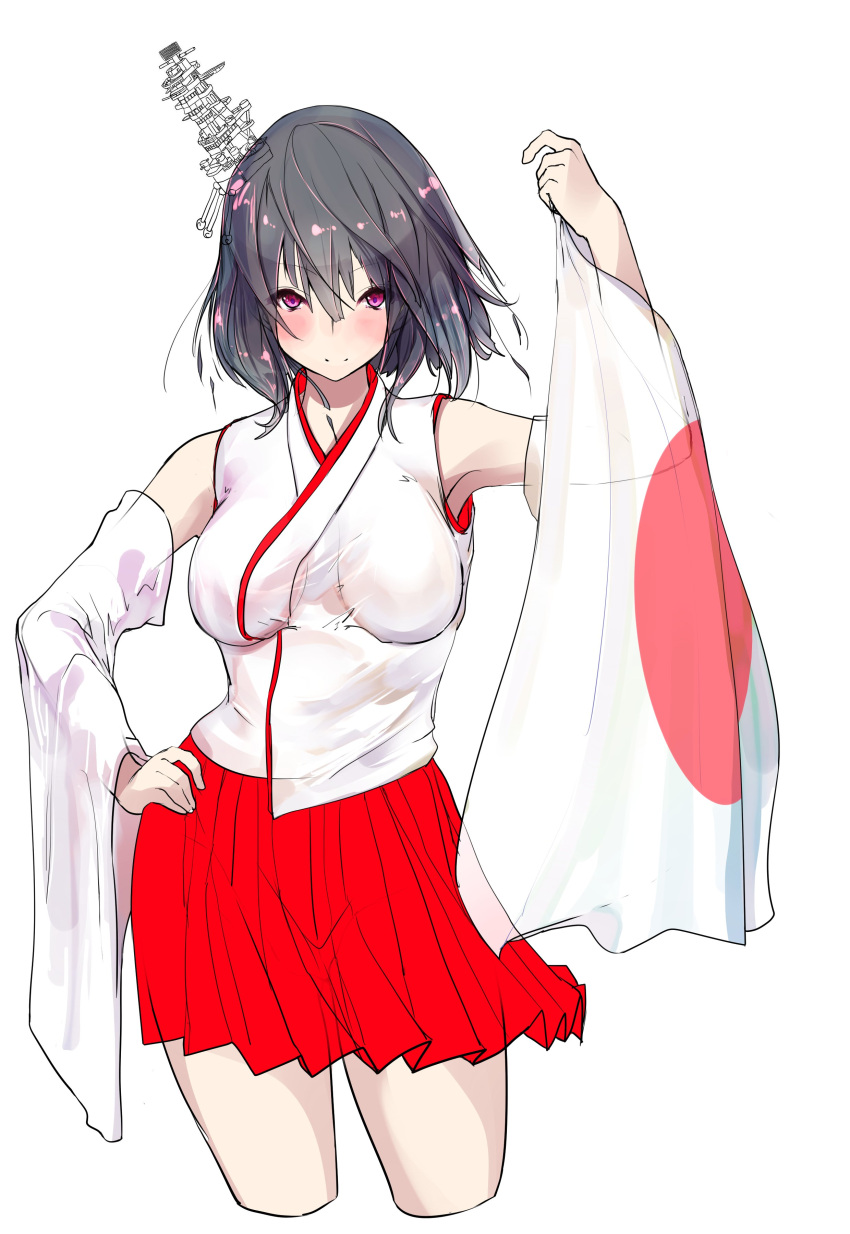 1girl absurdres arm_up black_hair blush breasts detached_sleeves eyebrows_visible_through_hair hair_between_eyes hair_ornament hakama hand_on_hip highres holding holding_flag japanese_clothes japanese_flag kantai_collection large_breasts looking_at_viewer nontraditional_miko pleated_skirt red_skirt see-through short_hair simple_background sketch skirt smile solo violet_eyes white_background wide_sleeves yamashiro_(kantai_collection) yuky_(cassis_powder)