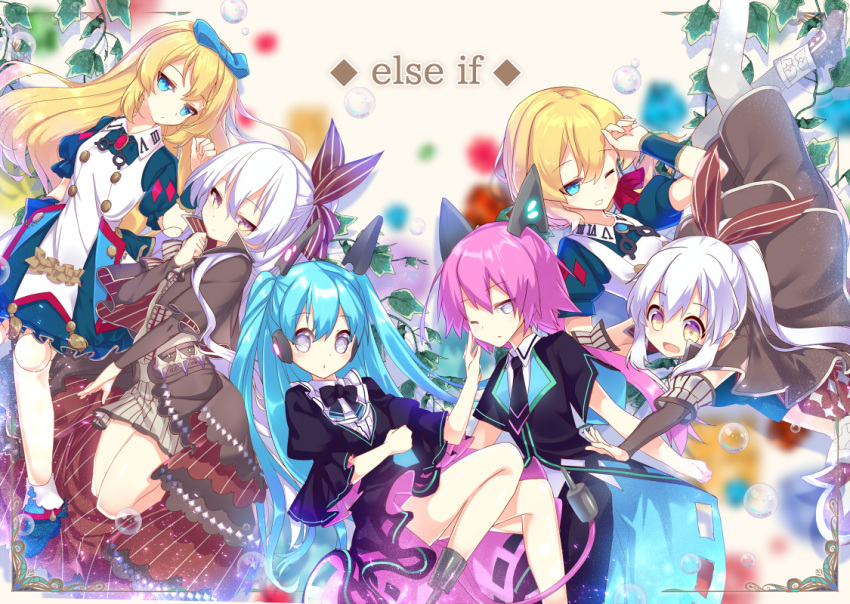 6+girls :d :o argyle arm_up bangs bare_legs bent_knees black_bow black_bowtie black_necktie black_pants blonde_hair blue_bow blue_dress blue_eyes blue_hair blurry_background bow bowtie brown_bow brown_shoes brown_skirt bubble buttons capelet center_frills clenched_hand closed_mouth detached_sleeves doll_joints dress eyebrows_visible_through_hair falling frame frilled_dress frills glowing gradient_eyes grey_eyes hair_between_eyes hair_bow hair_ribbon half-closed_eyes hand_on_another's_cheek hand_on_another's_face hand_on_own_chin hand_on_own_head hand_up headgear leaf light_particles long_hair looking_at_viewer looking_down looking_to_the_side multicolored_eyes multiple_girls necktie nyori one_eye_closed open_mouth original outstretched_arms pants pink_hair plant ponytail prosthesis puffy_short_sleeves puffy_sleeves red_ribbon ribbon roman_numerals shiny shiny_hair shirt shoes short_sleeves sidelocks skirt smile tassel twintails very_long_hair violet_eyes waist_cape white_hair white_legwear white_shirt wristband yellow_eyes