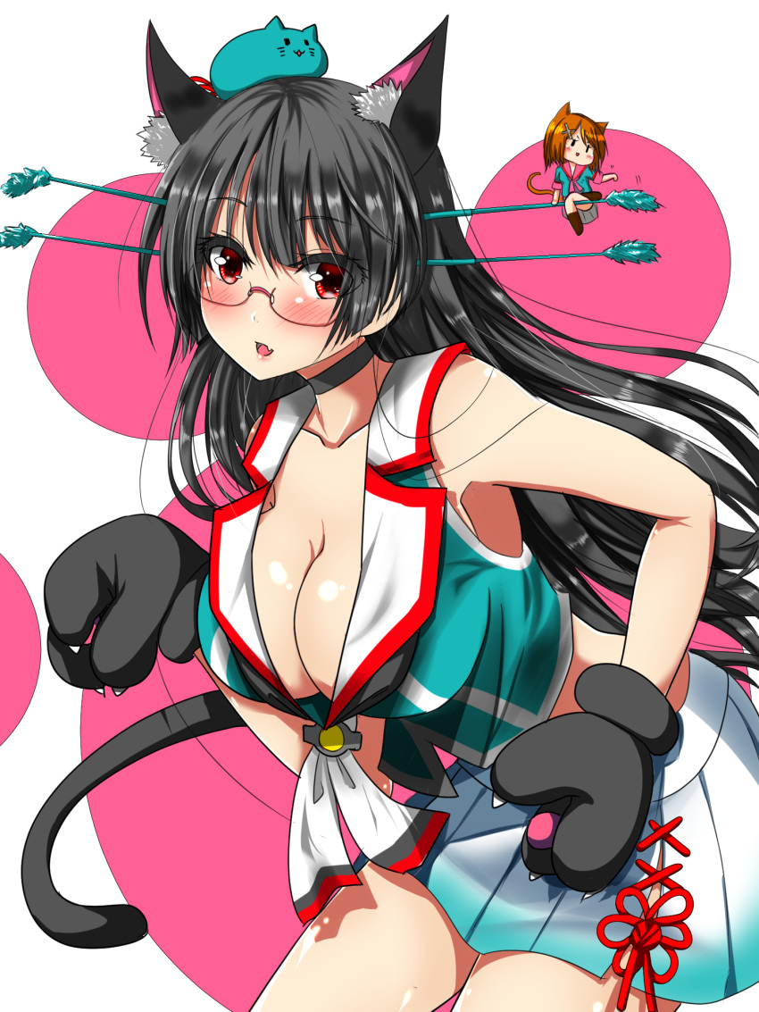 2girls animal_ears ar_(lover_boy) armpits bangs bare_shoulders black_gloves black_hair blush breasts brown_hair cat_ears choker choukai_(kantai_collection) cleavage collarbone cowboy_shot downblouse fang from_side glasses gloves hair_ornament hairclip hat headgear highres kantai_collection kemonomimi_mode large_breasts leaning_forward long_hair looking_at_viewer looking_to_the_side maya_(kantai_collection) minigirl multiple_girls neckerchief parted_lips paw_gloves pleated_skirt red_eyes remodel_(kantai_collection) rimless_glasses school_uniform serafuku short_hair skirt sleeveless smile