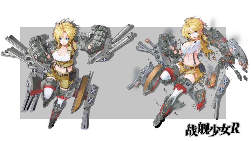 &gt;:) 1girl american_flag armor armored_boots belt black_gloves blonde_hair blue_eyes boots breasts broken cannon character_name cleavage closed_mouth collarbone copyright_name damaged drop_shadow full_body gloves grey_background highres hikari123456 jacket large_breasts looking_at_viewer looking_to_the_side machinery mechanical_arm midriff mole mole_under_eye navel official_art open_mouth remodel_(zhan_jian_shao_nyu) shirt short_hair shorts smile standing standing_on_one_leg suspenders tank_top tennessee_(zhan_jian_shao_nyu) thigh-highs thigh_strap torn_clothes turret white_background white_legwear white_shirt yellow_jacket yellow_shorts zhan_jian_shao_nyu