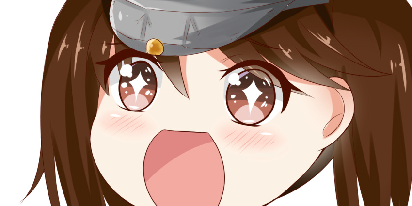 +_+ 1girl brown_eyes brown_hair close-up eyebrows_visible_through_hair kantai_collection long_hair looking_at_viewer no_nose ryuujou_(kantai_collection) simple_background sin-poi sparkling_eyes star star-shaped_pupils symbol-shaped_pupils twintails visor_cap white_background