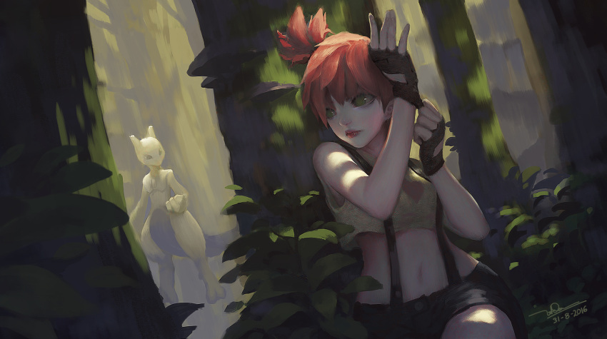 1girl 2016 adjusting_clothes adjusting_gloves black_gloves black_shorts character_request closed_mouth crop_top dao_trong_le dated day denim denim_shorts fingerless_gloves forest gloves green_eyes heart heart_print highres kasumi_(pokemon) leaf lips mewtwo midriff nature navel nose orange_hair outdoors pokemon shorts signature solo stomach suspender_shorts suspenders tree