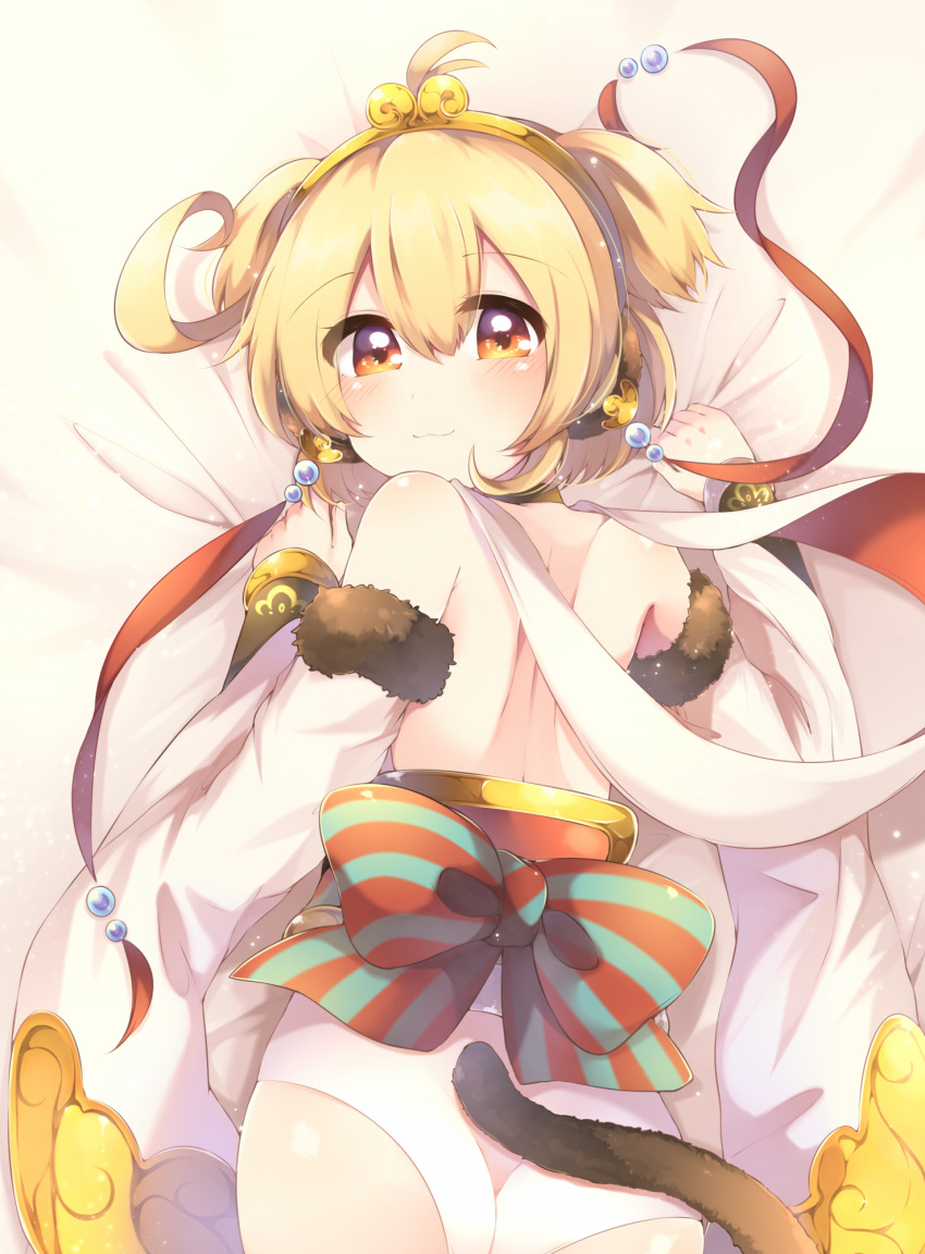 1girl anchira_(granblue_fantasy) ass bare_shoulders barefoot bed blonde_hair blush breasts brown_eyes dakimakura detached_sleeves erun_(granblue_fantasy) from_above from_behind granblue_fantasy hairband highres kaenuco long_sleeves looking_at_viewer looking_back looking_up lying midriff monkey_ears monkey_tail navel on_stomach short_hair small_breasts smile solo tail thighs wide_sleeves