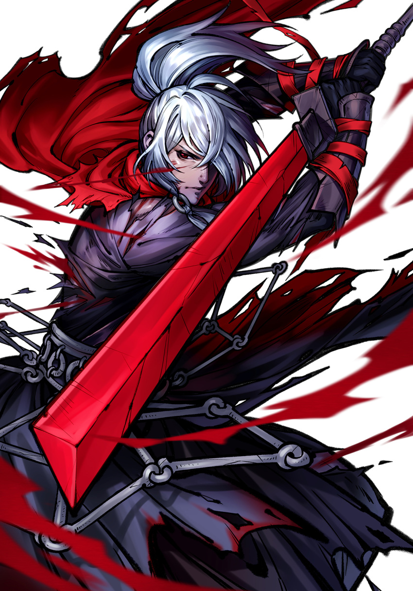 1boy blood bruise chains character_request eclosion gauntlets hair_over_one_eye highres injury long_hair phantom_blade_(game) phantom_blade_2 ponytail red_eyes red_scarf scarf solo sword weapon white_hair
