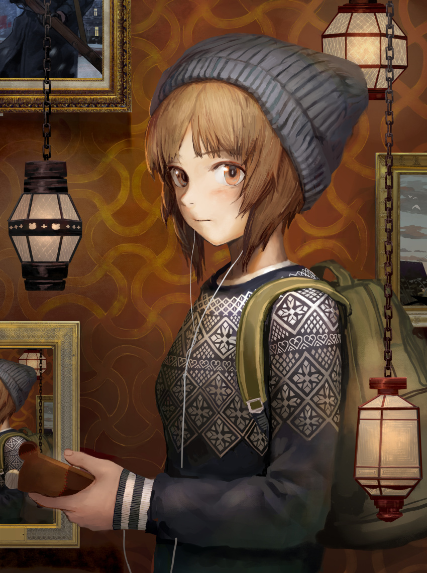 1girl absurdres backpack bag bandage bangs beanie blush breasts brown_eyes brown_hair cable chains closed_mouth cross earphones fingernails frame from_side girls_und_panzer hat highres holding indoors lantern long_sleeves looking_at_viewer nishizumi_miho photo_(object) short_hair sleeves_past_wrists solo tomiya_(tomiya2117) upper_body wall wallpaper