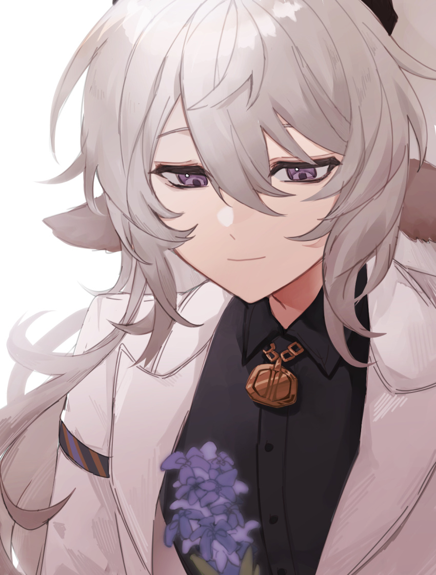 1boy animal_ears arknights bishounen black_shirt bouquet closed_mouth flower formal goat_boy goat_ears grey_hair highres jewelry kreide_(arknights) male_focus mengyajunsprout necklace purple_flower shirt short_hair simple_background solo suit upper_body violet_eyes