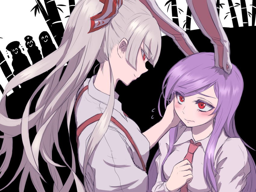 2girls alternate_hairstyle animal_ears bamboo bamboo_forest bangs blunt_bangs blush bow breasts collared_shirt eye_contact eyebrows_visible_through_hair eyes_visible_through_hair flying_sweatdrops forest fujiwara_no_mokou hair_bow half-closed_eyes hand_on_another's_face hand_up long_hair long_ponytail looking_at_another miata_(miata8674) multiple_girls nature nervous purple_hair rabbit_ears red_eyes reisen_udongein_inaba shiny shiny_hair shirt silhouette silver_hair small_breasts smile suspenders thumbnail_surprise touhou upper_body very_long_hair wavy_mouth yuri