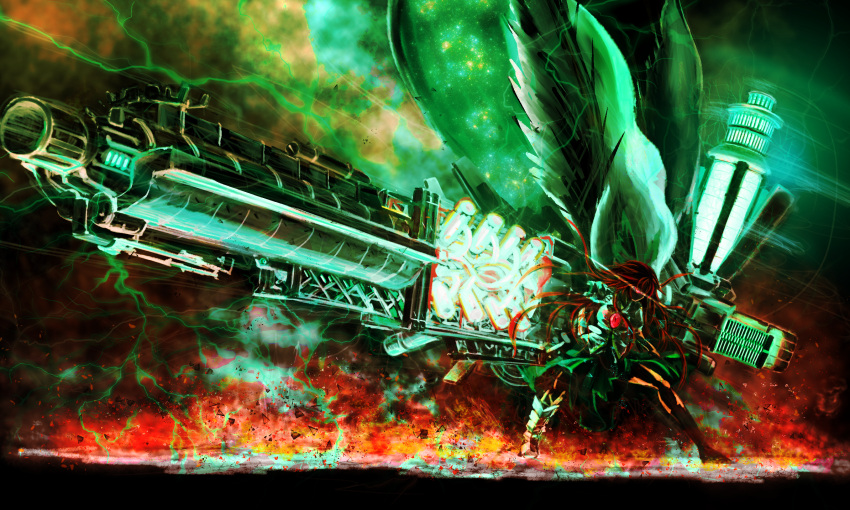 1girl aiming alternate_weapon arm_cannon armored_core_5 artist_name aura black_hair black_legwear black_wings bow breasts cape character_name dated death2990 debris energy engine epic fire floating_hair galaxy giga_cannon glowing glowing_eye green_bow green_skirt ground_shatter gun hair_bow highres holding huge_weapon kneehighs large_wings light_trail lightning long_hair metal_boots mismatched_footwear motion_blur puffy_short_sleeves puffy_sleeves red_eyes reiuji_utsuho serious short_sleeves side_glance single_kneehigh skirt solo space star_(sky) thighs third_eye touhou weapon wings