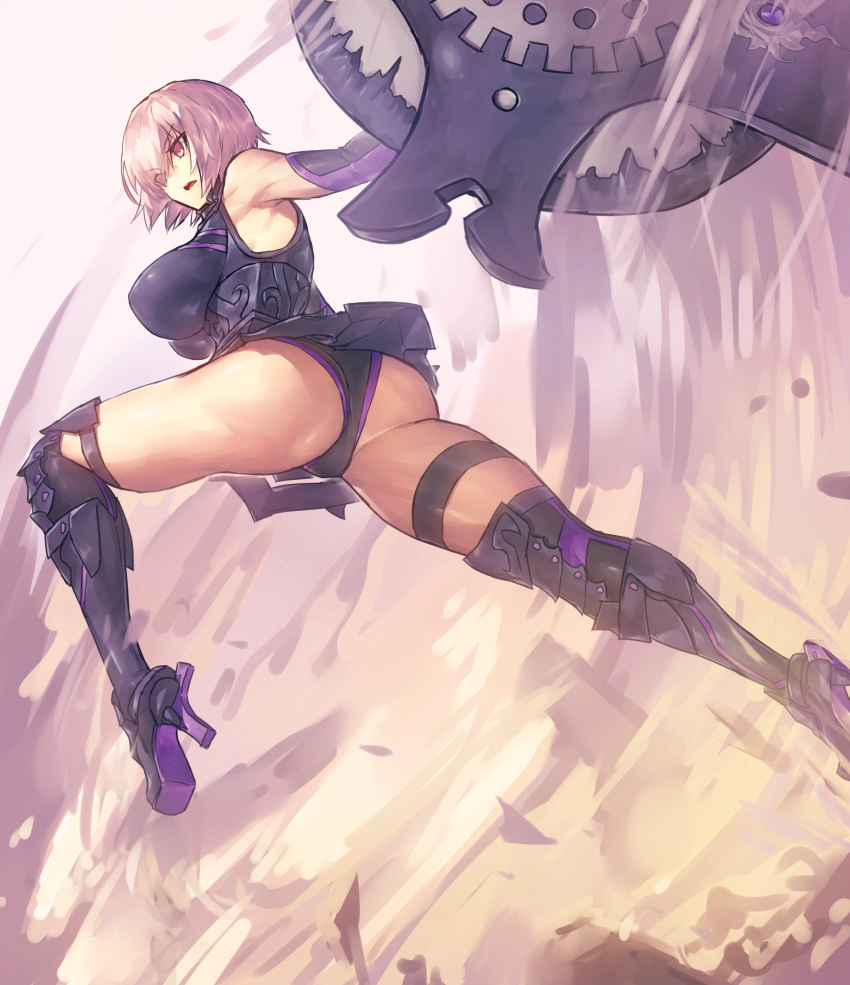 &gt;:( 1girl absurdres armor armored_boots armored_dress armpits ass bangs bare_shoulders black_panties boots breasts dress elbow_gloves eyebrows_visible_through_hair eyes_visible_through_hair fate/grand_order fate_(series) from_side gloves hair_over_one_eye high_heel_boots high_heels highres large_breasts lavender_eyes lavender_hair looking_away melon22 panties parted_lips purple_gloves shield shielder_(fate/grand_order) short_dress solo thick_thighs thigh_strap thighs underwear