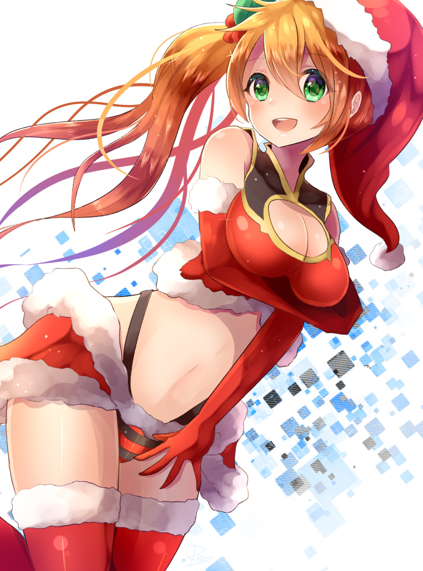 1girl bare_shoulders breast_hold breasts cleavage cleavage_cutout crop_top detached_sleeves fur_trim gloves green_eyes hair_ornament hat highleg highleg_panties highres holly_hair_ornament leilan_(p&amp;d) long_hair medium_breasts navel open_mouth orange_hair panties puzzle_&amp;_dragons red_gloves rushin santa_costume santa_hat side_ponytail smile solo thigh-highs underwear