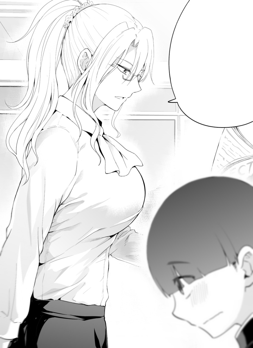 1boy 1girl blush book breasts commentary commentary_request glasses highres indoors ishima_yuu monochrome open_book original ponytail shirt