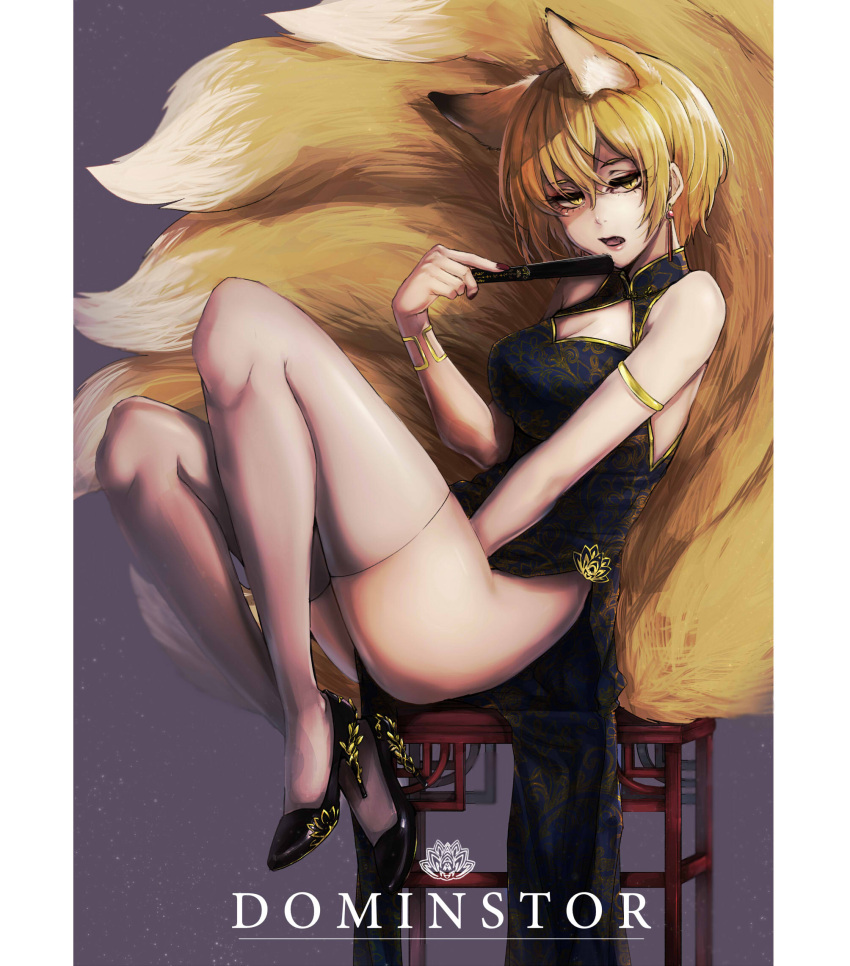 1girl alternate_costume animal_ears armlet bangs bare_shoulders bent_knees black_shoes blonde_hair bracelet breasts china_dress chinese_clothes cleavage cleavage_cutout dress fan folding_fan fox_ears fox_girl fox_tail from_side full_body high_heels highres holding_fan jewelry kyogoku-uru kyuubi large_breasts looking_at_viewer looking_to_the_side multiple_tails open_mouth pelvic_curtain shoes short_hair sitting slit_pupils solo tail thigh-highs touhou white_legwear yakumo_ran yellow_eyes