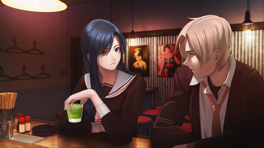 1boy 1girl aconitea alcohol bar blurry blush catherine_(love_money_rock'n'roll) character_request chopsticks clothes_hanger cup depth_of_field drinking_glass highres holding looking_at_another love_money_rock'n'roll necktie poster revision school_uniform shot_glass