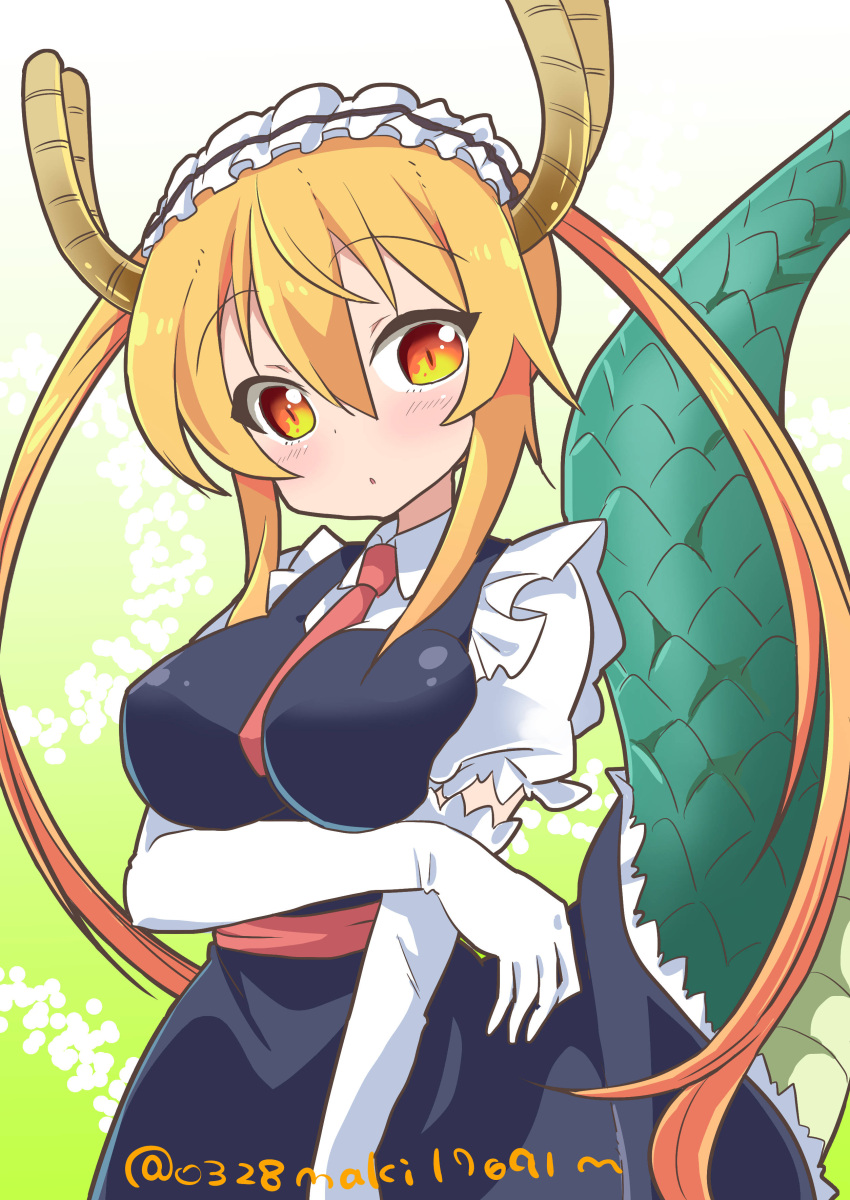 1girl :o absurdres apron arm_across_waist between_breasts blonde_hair blush breasts commentary_request cowboy_shot dragon_girl dragon_tail elbow_gloves eyebrows_visible_through_hair frilled_apron frills gloves head_tilt highres horns impossible_clothes kazuta_(kazutan62) kobayashi-san_chi_no_maidragon large_breasts long_hair looking_at_viewer maid maid_apron maid_headdress necktie necktie_between_breasts puffy_short_sleeves puffy_sleeves raised_eyebrows sash short_sleeves sidelocks solo tail tail_raised tooru_(maidragon) twintails twitter_username yellow_eyes