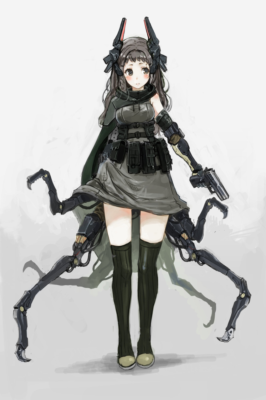 1girl absurdres ammunition_pouch bangs blush blush_stickers breasts brown_eyes brown_hair cape cloak closed_mouth dress elbow_gloves extra_arms full_body gauntlets gloves green_legwear grey_dress gun hand_on_hip handgun harness headgear highres holding holding_weapon legs_apart load_bearing_equipment long_hair looking_to_the_side machinery mechanical_arms medium_breasts multiple_arms oota_youjo original pistol shoes short_eyebrows sleeveless sleeveless_dress solo standing thigh-highs trigger_discipline weapon