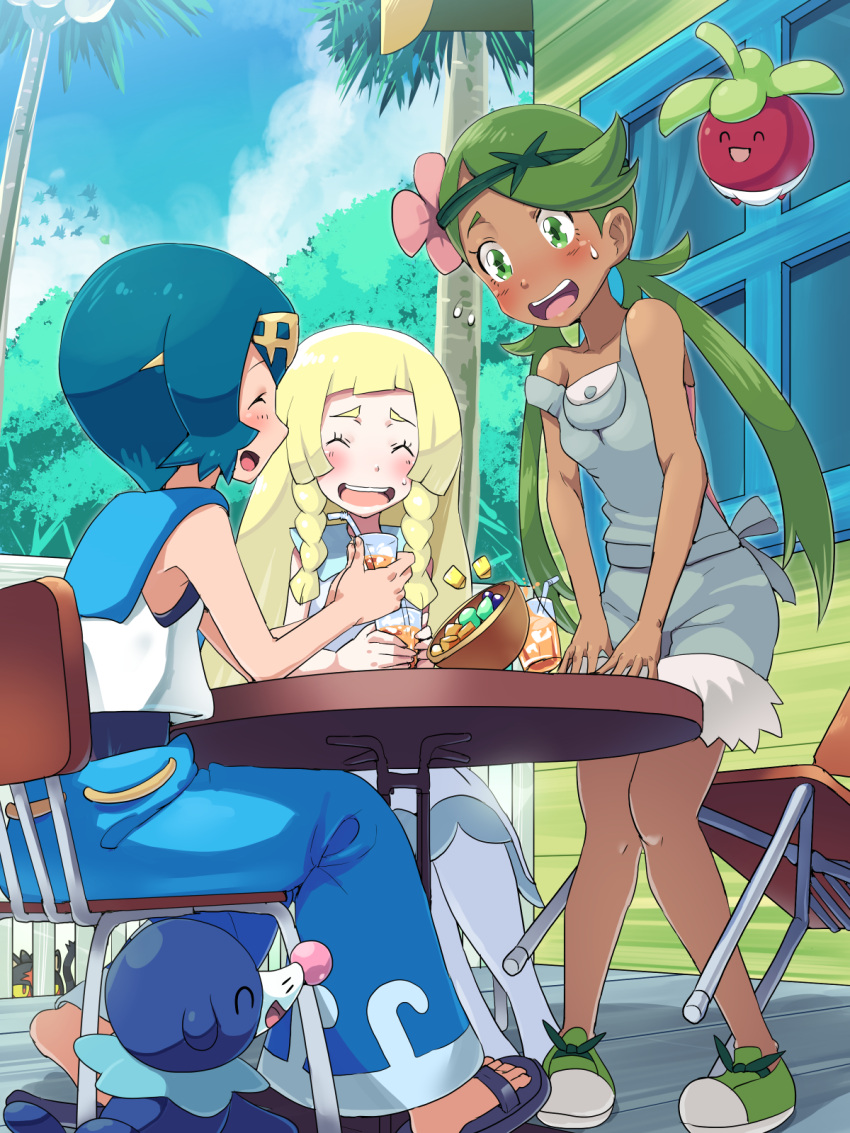 3girls baggy_pants blonde_hair blue_hair blush boris_(noborhys) bounsweet braid capri_pants dark_skin flower green_eyes green_hair hair_flower hair_ornament hairband highres lillie_(pokemon) litten_(pokemon) long_hair mallow_(pokemon) multiple_girls no_hat no_headwear one-piece_swimsuit open_mouth pants pokemon pokemon_(creature) pokemon_(game) pokemon_sm popplio sandals short_hair sleeveless smile suiren_(pokemon) swimsuit swimsuit_under_clothes trial_captain twin_braids twintails