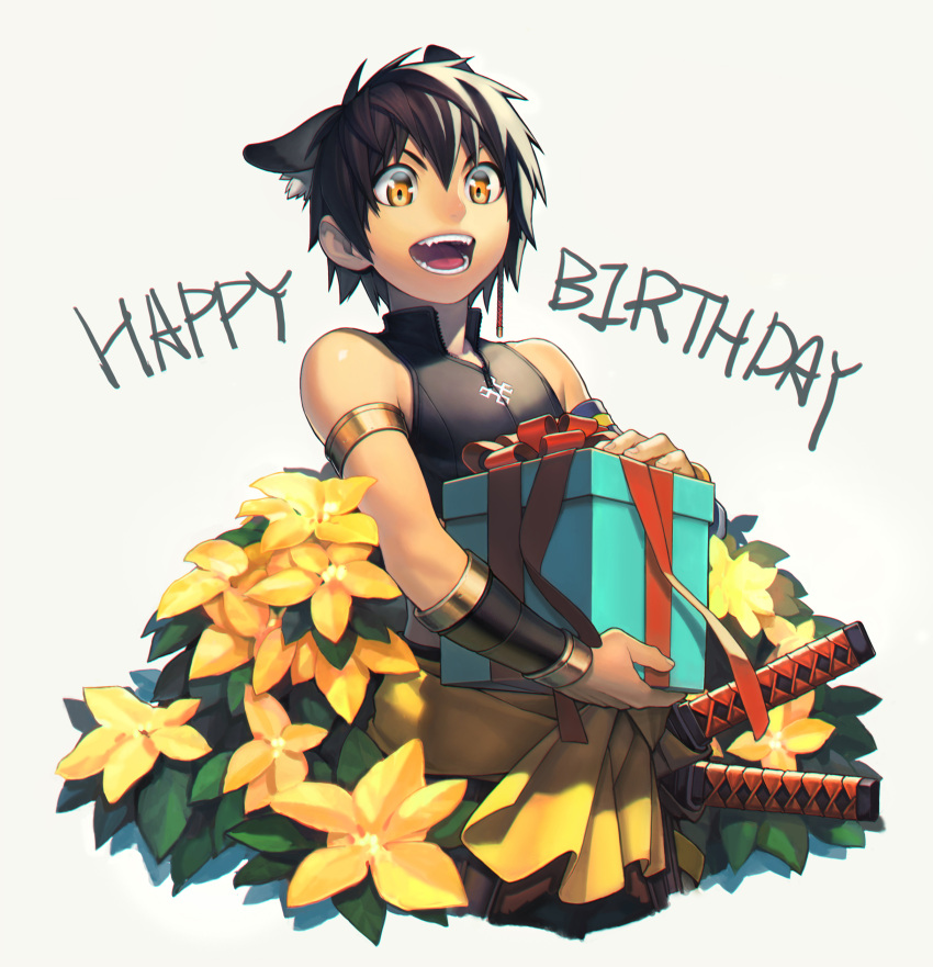 1boy absurdres animal_ears black_hair blockun box cat_ears fangs gift gift_box happy_birthday highres male_focus open_mouth original smile solo sword weapon yellow_eyes