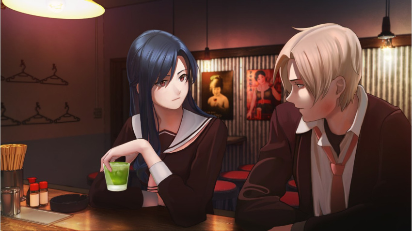 1boy 1girl aconitea bar blurry blush catherine_(love_money_rock'n'roll) character_request cup depth_of_field drinking_glass holding looking_at_another love_money_rock'n'roll school_uniform shot_glass