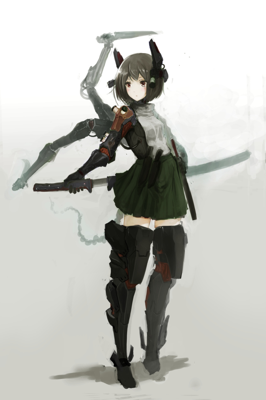 1girl absurdres armor armored_boots bangs blush bodysuit boots breasts brown_hair closed_mouth extra_arms greaves green_skirt hand_on_hilt hand_on_hip headgear high_collar highres holding holding_sword holding_weapon katana knife legs_apart mechanical_arms multiple_arms oota_youjo original ready_to_draw red_eyes scabbard sheath sheathed short_hair skirt small_breasts solo standing sword thigh-highs thigh_boots unsheathing weapon weapon_on_back
