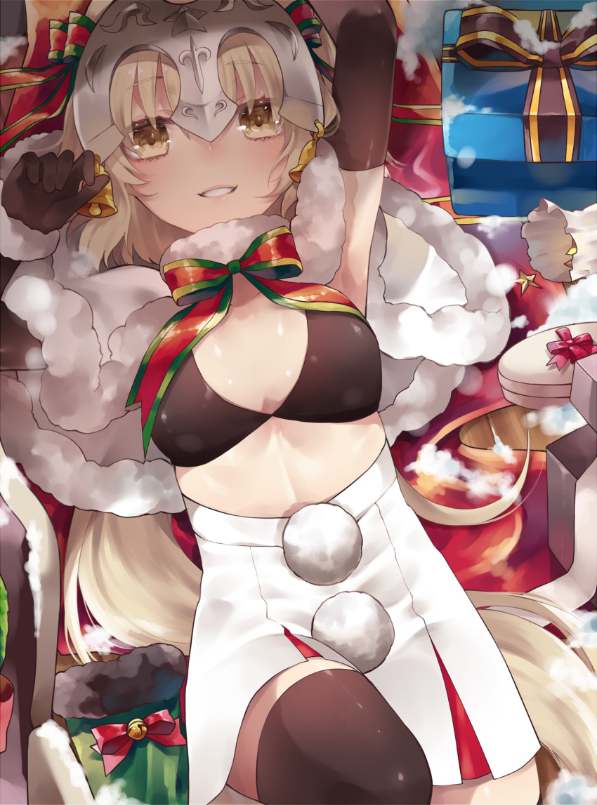 1girl armpits bell black_bikini_top black_gloves black_legwear blonde_hair box bra breasts capelet elbow_gloves fate/grand_order fate_(series) fur_trim gift gift_box gloves hair_ribbon headpiece highres ichinosenen jeanne_alter jeanne_alter_(santa_lily)_(fate) long_hair looking_at_viewer lying navel on_back ribbon ruler_(fate/apocrypha) small_breasts smile solo thigh-highs underwear very_long_hair yellow_eyes