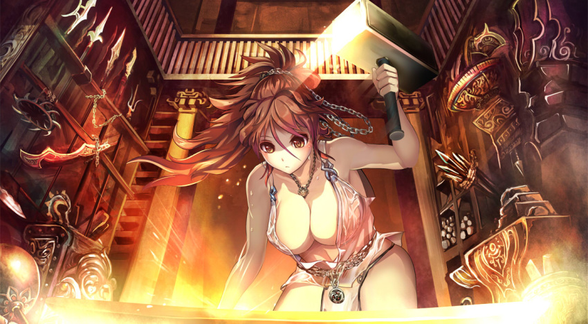 1girl anvil armor armpits bare_arms bare_shoulders belt blacksmith blade blush breasts brown_eyes brown_hair chains cleavage closed_mouth cowboy_shot fire hammer indoors jewelry large_breasts leaning_forward loincloth long_hair looking_down motion_blur necklace original polearm ponytail revealing_clothes sai_(weapon) serious solo spear suoni_(deeperocean) sweat sword weapon wet wet_clothes