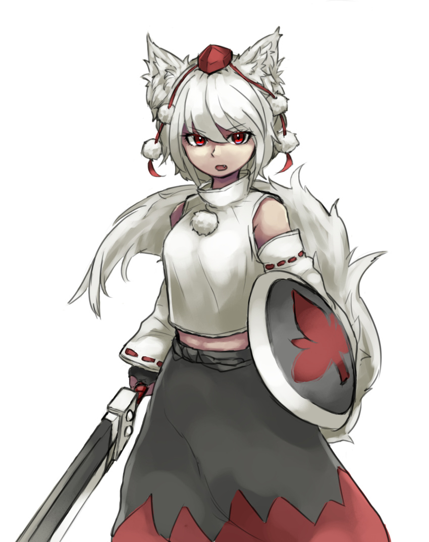 1girl absurdres animal_ears black_skirt crop_top crop_top_overhang detached_sleeves fang highres inubashiri_momiji long_sleeves matinmorgen midriff red_eyes shield shirt simple_background skirt sleeveless sleeveless_shirt solo sword tail touhou weapon white_hair white_shirt wolf_ears wolf_tail