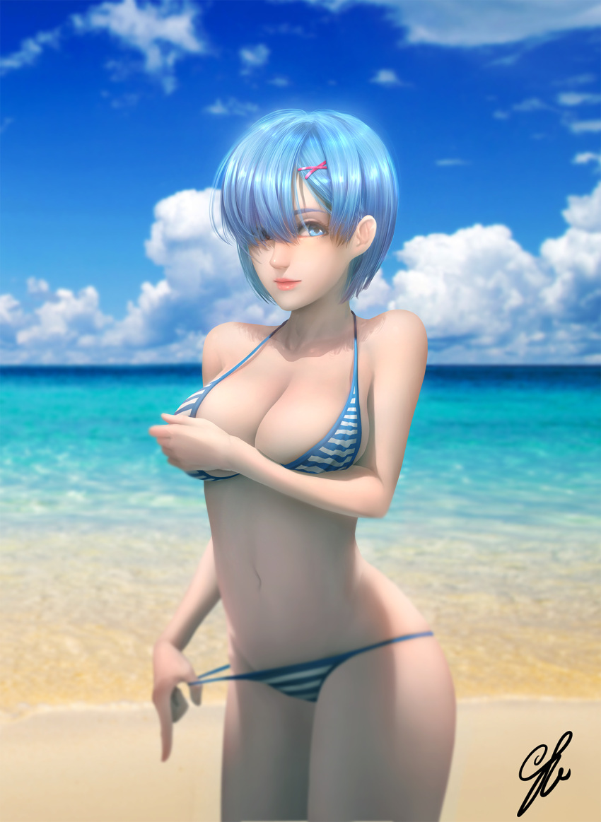 1girl alternate_costume bangs bare_shoulders beach bikini bikini_pull blue_eyes blue_hair blue_sky blurry bokeh breast_rest breasts cleavage collarbone cowboy_shot day depth_of_field eyelashes eyeliner groin hair_ornament hair_over_eyes hair_over_one_eye halter_top halterneck hand_on_breast hand_on_own_chest hand_up highres horizon index_finger_raised large_breasts legs_together lips lipstick makeup midriff navel nose ocean peachpa pink_lips pink_lipstick pulled_by_self re:zero_kara_hajimeru_isekai_seikatsu rem_(re:zero) short_hair signature sky smile solo stomach strap_gap string_bikini striped striped_bikini sunlight swimsuit x_hair_ornament