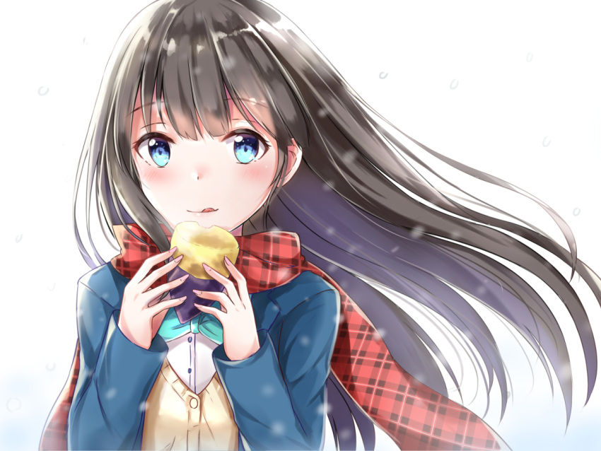 1girl :q aqua_bowtie bangs blazer blue_eyes blush bow bowtie brown_hair cardigan eating eyebrows_visible_through_hair food holding holding_food jacket long_hair looking_at_viewer original plaid plaid_scarf red_scarf scarf school_uniform shirt snow solo steam sweet_potato tailam tongue tongue_out upper_body white_background white_shirt wind yakiimo