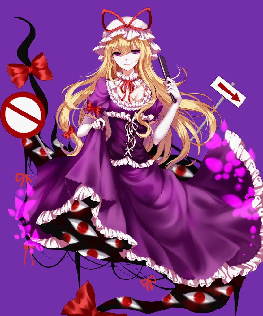 1girl absurdres bangs blonde_hair bow bowtie choker corset dress dress_lift elbow_gloves eyes fan folding_fan gap gloves hair_between_eyes hair_bow hair_ribbon hat highres holding_fan lifted_by_self long_hair looking_at_viewer mob_cap neck_ruff parted_lips petticoat purple_dress red_bow red_bowtie red_ribbon ribbon ribbon_choker road_sign sheya sign smile solo touhou violet_eyes white_gloves yakumo_yukari