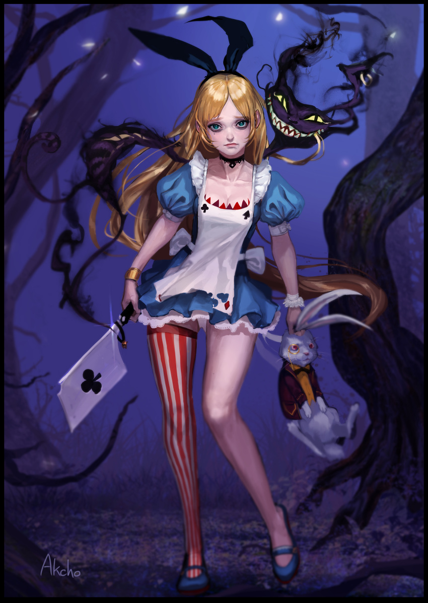 1girl absurdres akcho alice_(wonderland) alice_in_wonderland animal_ears apron artist_name bangs black_choker black_hairband blonde_hair blue_dress blue_eyes blue_shoes bow bracelet breasts butcher_knife cheshire_cat choker cleavage closed_mouth clubs_(playing_card) collarbone diamonds_(playing_card) dress fake_animal_ears full_body gold grass hairband hearts_(playing_card) highres holding jewelry knife layered_dress lips long_hair looking_at_viewer makeup mary_janes medium_breasts monocle night outdoors panties pantyshot pantyshot_(standing) parted_bangs pendant puffy_short_sleeves puffy_sleeves rabbit rabbit_ears red_eyes red_legwear shoes short_dress short_sleeves single_thighhigh solo spades_(playing_card) standing standing_on_one_leg striped striped_legwear thigh-highs tree two-tone_legwear underwear vertical-striped_legwear vertical_stripes very_long_hair white_apron white_bow white_legwear white_panties white_rabbit wrist_cuffs zettai_ryouiki