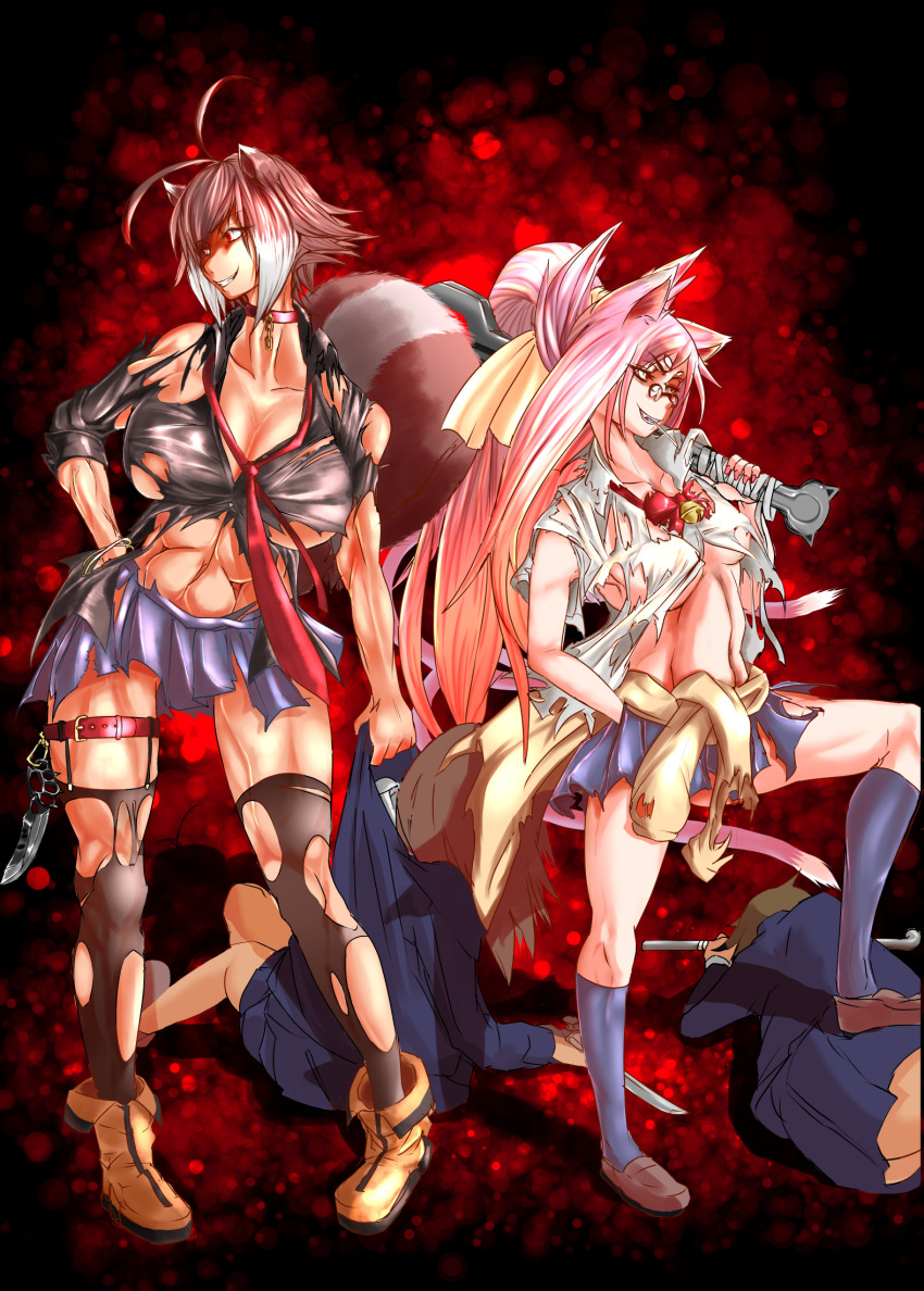 4girls abs animal_ears antenna_hair bell blazblue breasts brown_hair candy cat_ears cat_tail cleavage collar evil_smile food glasses hair_ribbon highres huge_breasts jingle_bell kokonoe lollipop long_hair makoto_nanaya miniskirt multicolored_hair multiple_girls multiple_tails necktie no_bra nontan_(nontanexx) over_shoulder pigeon-toed pince-nez pink_hair ponytail red_eyes revealing_clothes ribbon school_uniform short_hair skirt smile squirrel_ears squirrel_tail tail torn_clothes two-tone_hair weapon weapon_over_shoulder