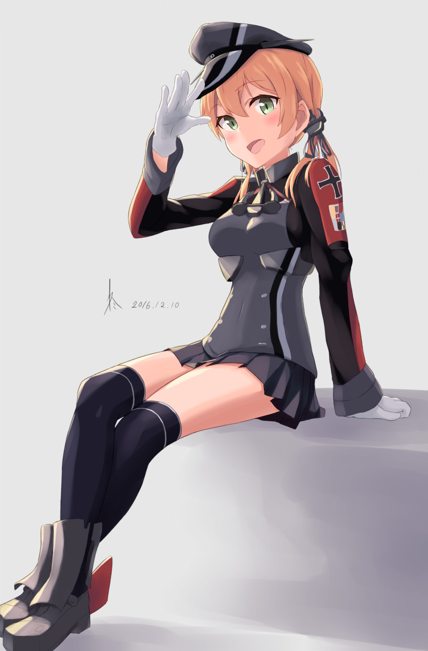 1girl :d absurdres anchor_hair_ornament arm_support black_ribbon black_skirt blonde_hair breasts commentary_request full_body gloves green_eyes hair_ornament hat highres hiiragii_(hiiragi_0404) iron_cross kantai_collection kneehighs long_sleeves looking_at_viewer low_twintails medium_breasts microskirt military military_hat military_uniform miniskirt open_mouth peaked_cap pleated_skirt prinz_eugen_(kantai_collection) ribbon salute sitting skirt smile twintails uniform white_gloves