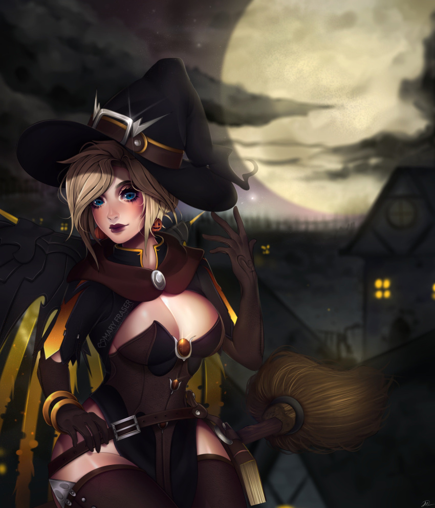 1girl absurdres alternate_costume blonde_hair breasts cleavage earrings hat highres jack-o'-lantern jack-o'-lantern_earrings jewelry mary_fraser mercy_(overwatch) moon overwatch solo witch_hat witch_mercy