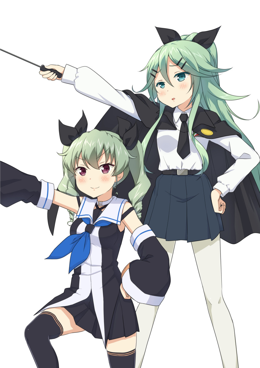 2girls absurdres anchovy anchovy_(cosplay) belt belt_buckle black_dress black_necktie blue_eyes blue_neckerchief blue_skirt blush buckle cape choker cosplay costume_switch crossover detached_sleeves dress eyebrows_visible_through_hair girls_und_panzer green_hair hair_flaps hair_ornament hair_tie hairclip highres kantai_collection kneeling long_sleeves miyabeeya multicolored_dress multiple_girls necktie pantyhose pleated_dress pleated_skirt riding_crop shirt simple_background skirt smile standing thigh-highs trait_connection twintails violet_eyes white_background white_legwear white_shirt wide_sleeves yamakaze_(kantai_collection) yamakaze_(kantai_collection)_(cosplay)