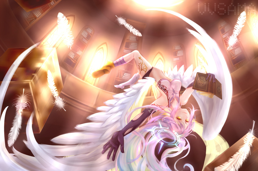 1girl angel_wings book breasts crop_top cross feathered_wings feathers flying gloves halo highres jibril_(no_game_no_life) light_smile long_hair low_wings magic_circle midriff multicolored_hair no_game_no_life pink_hair sideboob solo symbol-shaped_pupils tattoo very_long_hair vv_sama white_wings wing_ears wings yellow_eyes