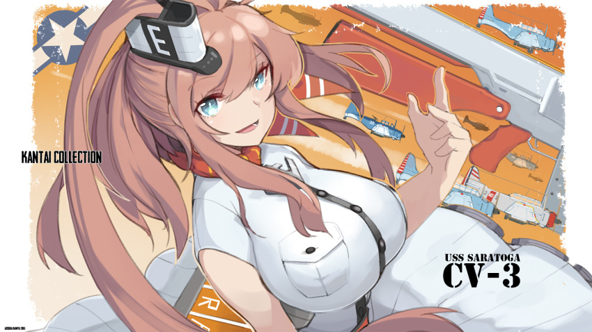 1girl :d aosora_kamiya arm_at_side breast_pocket breasts character_name copyright_name dress dutch_angle flight_deck hair_between_eyes huge_breasts impossible_clothes kantai_collection long_hair looking_at_viewer open_mouth revision saratoga_(kantai_collection) sbd_dauntless short_sleeves side_ponytail skirt smile smoke_trail smokestack solo striped tsurime upper_body vertical-striped_skirt vertical_stripes white_dress