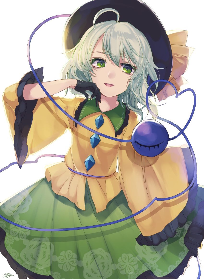 1girl absurdres ahoge black_gloves blouse floral_print gloves green_eyes green_skirt hat hat_ribbon heart heart_of_string highres komeiji_koishi lgw7 long_sleeves open_mouth ribbon silver_hair simple_background sketch skirt smile solo third_eye touhou white_background yellow_blouse