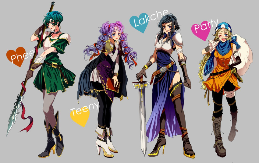 4girls armor armored_dress black_hair blonde_hair blush book boots dagger fire_emblem fire_emblem:_seisen_no_keifu green_eyes green_hair high_heels lakche_(fire_emblem) long_hair looking_at_viewer multiple_girls pantyhose patty_(fire_emblem) pauldrons phee_(fire_emblem) polearm ponytail purple_hair scarf smile spear sword thigh-highs tinny_(fire_emblem) tsuko_(25mnts) weapon