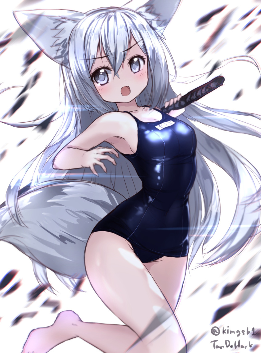 1girl animal_ears blue_swimsuit fox_ears fox_tail highres long_hair looking_back name_tag open_mouth original petals school_swimsuit silver_hair swimsuit sword tail tandozzing very_long_hair weapon white_eyes