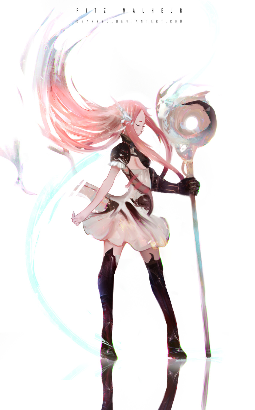 1girl absurdres artist_name black_boots black_gloves boots breasts character_name chromatic_aberration closed_eyes closed_mouth deviantart_username final_fantasy final_fantasy_tactics_advance forehead frank_liu full_body gloves highres legs_apart lips long_hair medium_breasts no_bangs nose pink_hair profile reflection ritz_malheur sideboob simple_background single_glove solo standing thigh-highs thigh_boots very_long_hair watermark web_address white_background zettai_ryouiki