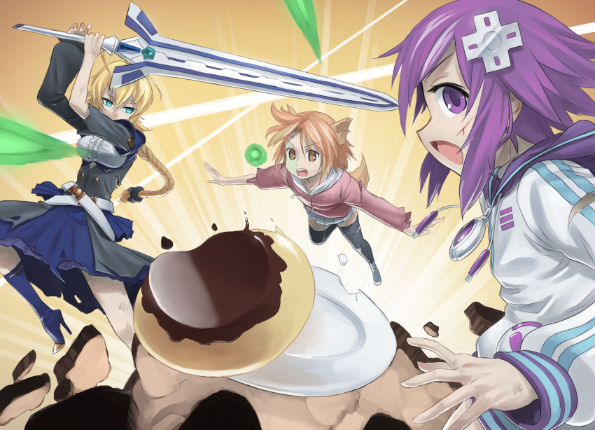 &gt;:d 100_percent_orange_juice 3girls :d ahoge animal_ears aqua_eyes arms_up bangs battle belt black_legwear blonde_hair blood blue_boots blue_skirt boots braid breasts broken brown_eyes brown_hair buttons center_frills character_request choujigen_game_neptune d-pad dessert dress es_(xblaze) explosion eyebrows_visible_through_hair fighting_stance food hair_between_eyes hair_ornament high_heel_boots high_heels highres holding holding_sword holding_weapon hood hooded_track_jacket injury jacket jiffic large_breasts long_hair long_sleeves looking_at_viewer looking_to_the_side multiple_girls neptune_(choujigen_game_neptune) neptune_(series) open_mouth orange_hair outstretched_arms plate pleated_skirt profile pudding purple_hair qp qp_shooting rock single_boot single_braid skirt sleeves_past_wrists smile sword thigh-highs torn_clothes torn_sleeves torn_thighhighs track_jacket twin_braids underbust violet_eyes weapon white_skirt xblaze xblaze_code:_embryo zettai_ryouiki