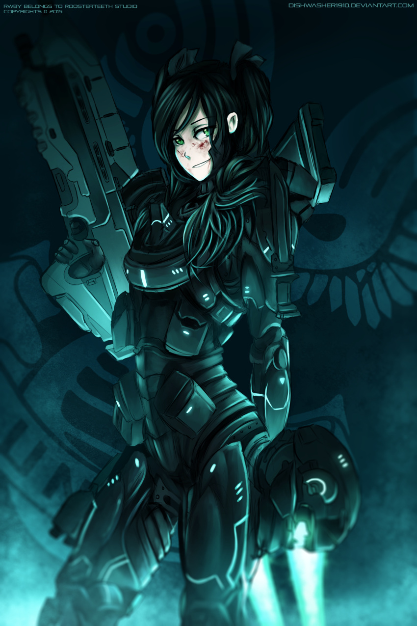 1girl absurdres armor artist_name assault_rifle black_hair blood blood_on_face bullpup copyright_name crossover dated dishwasher1910 green_eyes gun halo_(game) headwear_removed helmet helmet_removed highres looking_at_viewer ma5 neo_(rwby) rifle rwby smirk solo twintails watermark weapon web_address