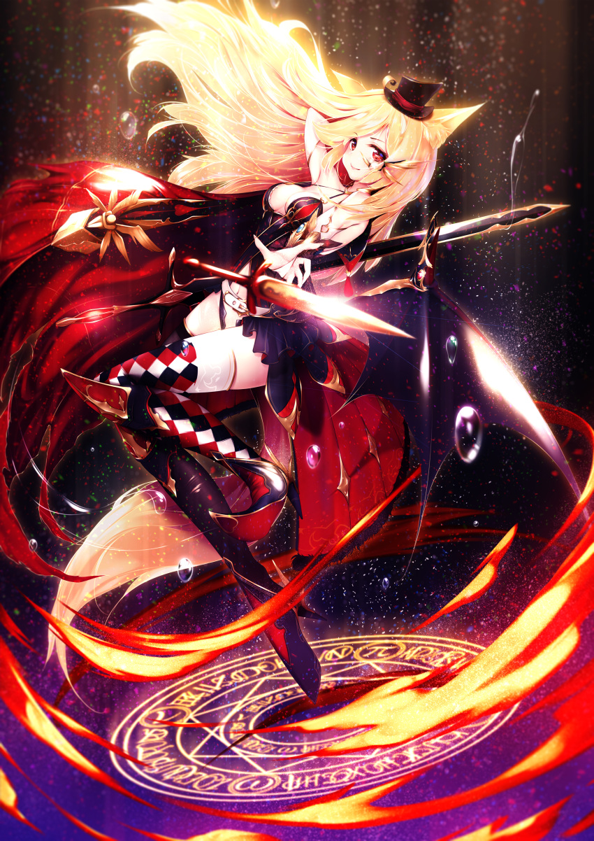1girl absurdres animal_ears argyle argyle_legwear asymmetrical_legwear black_hat blonde_hair breasts cape cleavage fire fox_ears fox_tail hand_in_hair hat high_heels highres holding holding_sword holding_weapon long_hair looking_at_viewer magic_circle medium_breasts mini_hat original red_eyes sleeveless solo sword tail thigh-highs very_long_hair weapon youko_(930921)