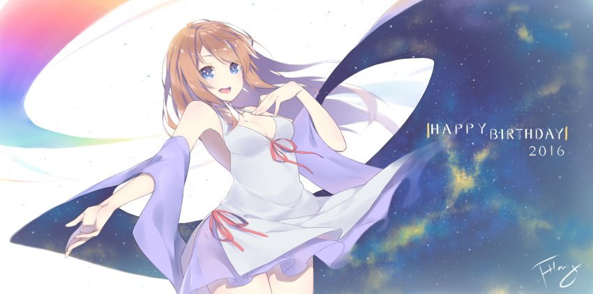 1girl 2016 artist_name bangs birthday blue_eyes breasts brown_hair cleavage cowboy_shot double_exposure dress eyebrows_visible_through_hair fhang grey_dress hand_on_own_chest happy_birthday highres long_hair looking_at_viewer medium_breasts open_mouth original outstretched_arm red_ribbon ribbon signature sky smile solo star_(sky) starry_sky teeth thighs wind