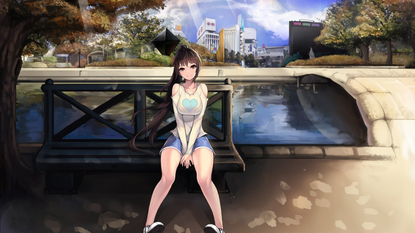 1girl bare_shoulders bench breasts bridge brown_eyes brown_hair city clouds day grimgrim highres long_hair looking_at_viewer original outdoors pigeon-toed ponytail reflection river shirt shoes shorts sitting sky smile solo tree v_arms very_long_hair water