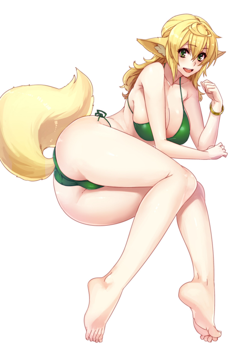 1girl :d absurdres angelo_(gomahangetsu) animal_ears bare_legs bare_shoulders barefoot bikini blonde_hair bracelet breasts cleavage full_body green_bikini green_eyes hair_between_eyes highres jewelry kaori-san_(angelo) large_breasts long_hair lying on_side open_mouth original side-tie_bikini simple_background smile solo swimsuit tail thighs white_background