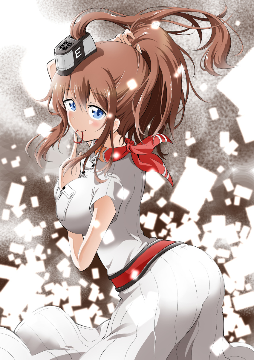 1girl absurdres between_breasts blue_eyes breasts breasts_apart brown_hair dress eyebrows_visible_through_hair from_side hair_between_eyes hand_between_breasts high_ponytail highres kantai_collection large_breasts long_hair looking_at_viewer mouth_hold saratoga_(kantai_collection) solo takano_yuuya white_dress