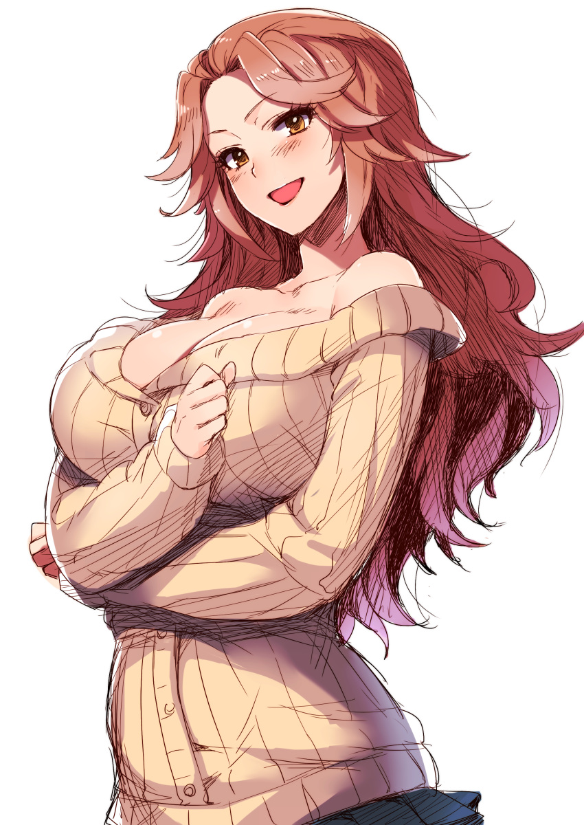 1girl absurdres angelo_(gomahangetsu) bare_shoulders blush breast_hold breasts brown_eyes brown_hair buttons cardigan cleavage hamakawa_ayuna highres idolmaster idolmaster_cinderella_girls large_breasts long_hair looking_at_viewer off-shoulder_sweater open_mouth ribbed_sweater simple_background skirt smile solo sweater white_background